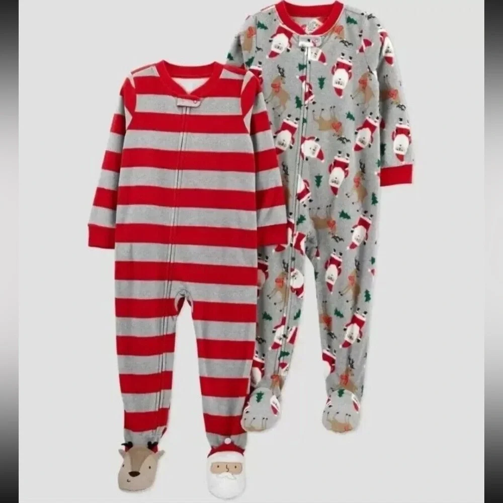 Carter’s Christmas Pajamas Set of 2 Red and Gray Footed Full Zip